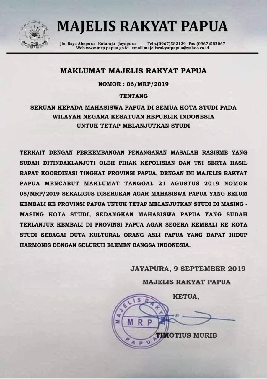 Ini isi Maklumat MRP : Mahasiswa Papua Tetap Lanjutkan Studi