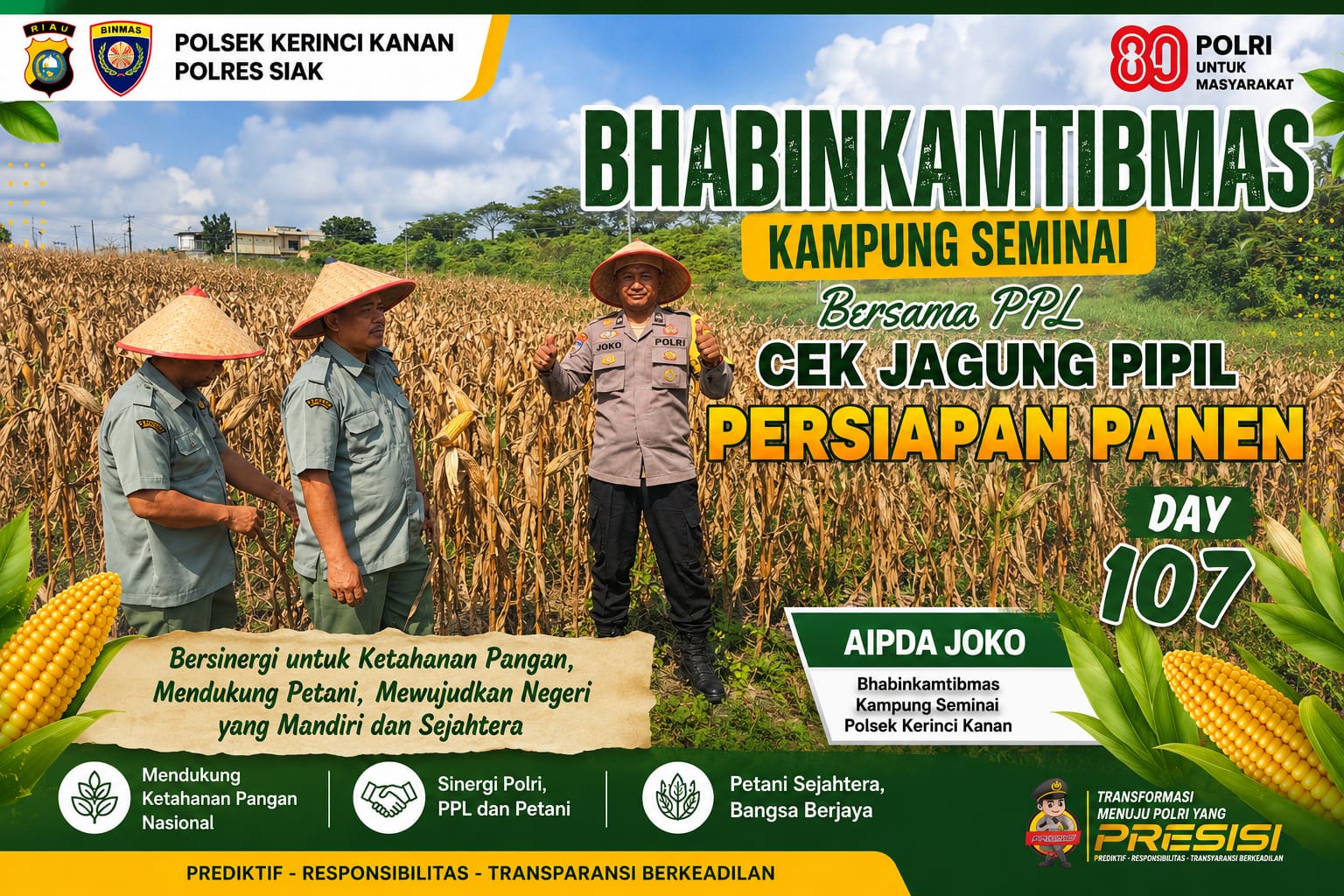 Dukung Ketahanan Pangan, Bhabinkamtibmas Kampung Seminai dan PPL Cek Persiapan Panen Jagung Pipil
