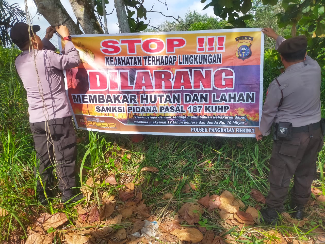 Polsek Pangkalan Kerinci Pasang Spanduk Himbauan Larangan Membakar Lahan dan Hutan