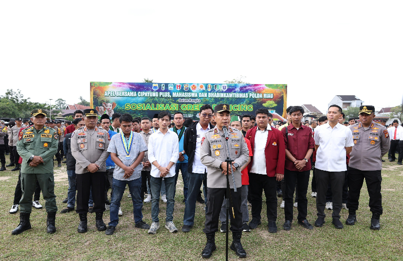 Polda Riau Menggelar Apel Bersama Cipayung Plus, Mahasiswa dan Bhabinkamtibmas Dalam Program Sosialisasi Green Policing