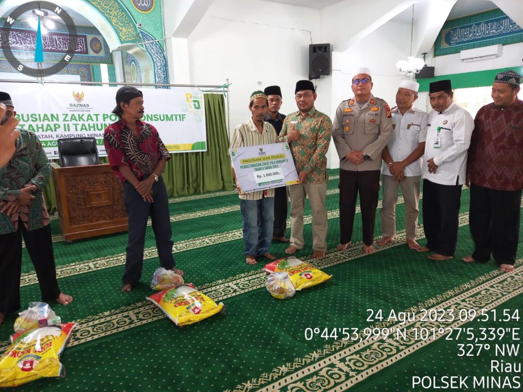 Kapolsek Minas Hadiri Kegiatan Penyaluran Zakat Pola Konsumtif Tahap 2 Tahun 2023