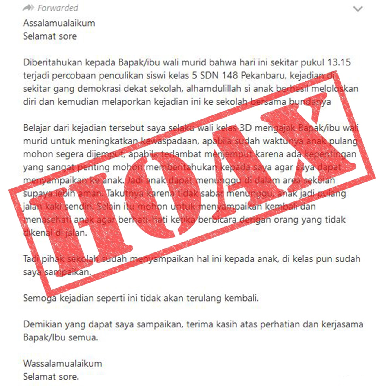 Polda Riau Klarifikasi Hoaks Penculikan Anak SD 148 Pekanbaru