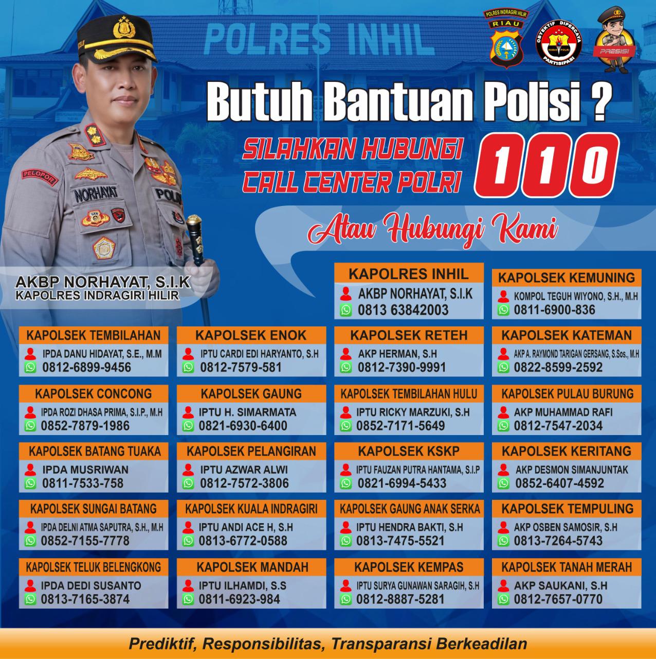 Polres Inhil Rilis Nomor Bantuan yang Bisa Dihubungi